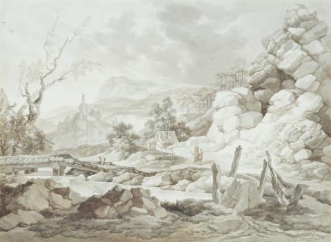 Jakob Mathias Schmutzer - Mountain stream with bridge and figures