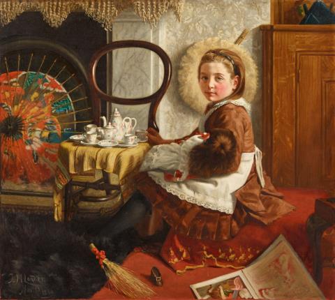 John St. Helier Lander - Portrait of Elsie Esther Cornish, aged 7, seated at a table with her doll and tea set