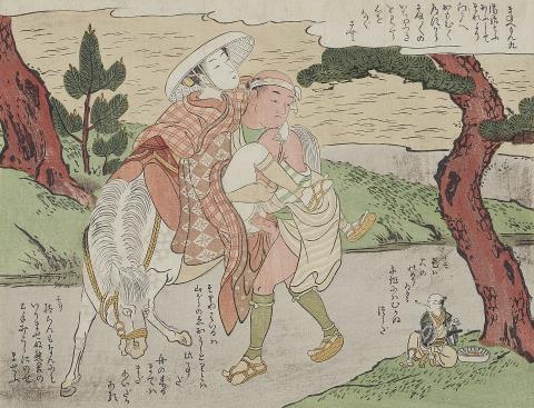 Harunobu Suzuki - Reitknecht und reisende Frau beim Liebesspiel zu Pferd