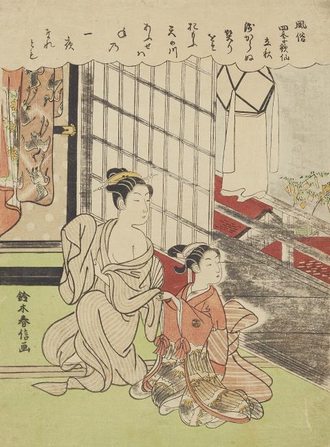 Suzuki Harunobu - Young woman and maid servant by a window, dressing for the Tanabata festival