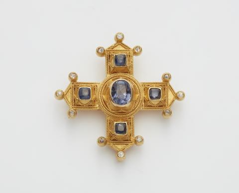 Pierret Ernesto - An Italian Byzantine Revival 18k gold and sapphire cross pendant brooch.