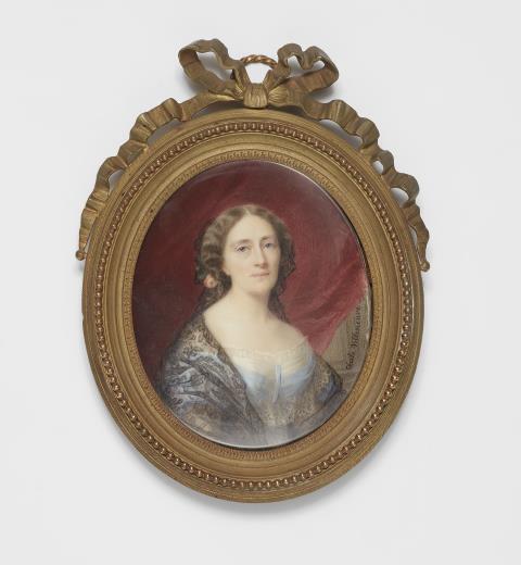 Adèle Cécile Villeneuve - A French portrait miniature of Marquise Jeanne d'Harcourt with lace stole
