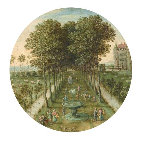 Maerten Rijkaert - Pair of tondos: Tree-Lined Path with Figures and a Moated Castle in the Background (Allegory of Summer), Snowy Village Square with Figures and a Bridge in the Foreground (Allegory of Winter)