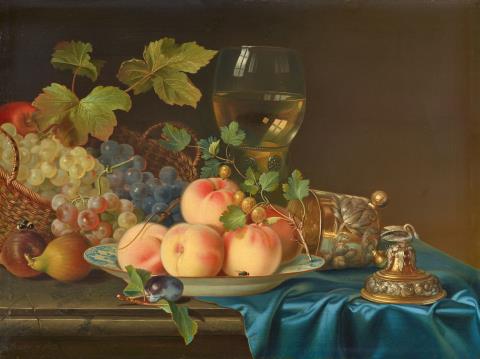 Justus Juncker - Still life with a Chinese Dish with Peaches, a Roemer, a Silver Covered Cup and Grape Vines