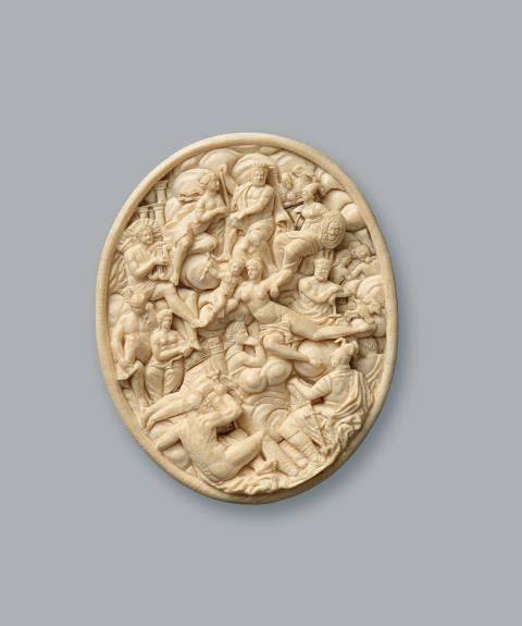 Johann Michael Maucher - A carved ivory relief with a gathering of Greek gods, circle of Johann Michael Maucher