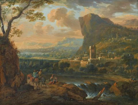 Johann Graf - Southern landscape with waterfall and village, horsemen and a beggar