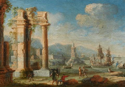 Gennaro Greco - Pair of Architectural Capricci with Ruins by a Harbour