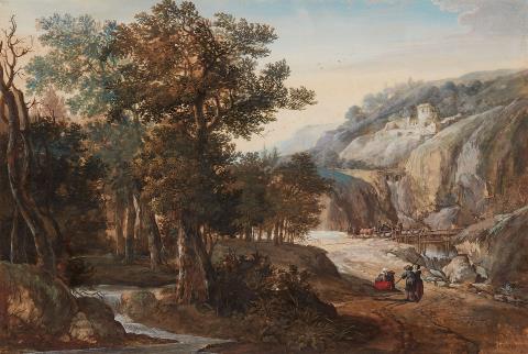 Gerrit van Battem - Landschaft mit Gebirgsbach und Brücke