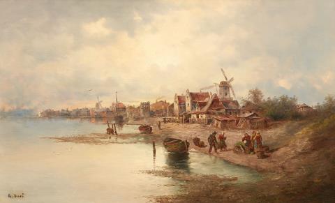 Armand Doré - A Pair of Coastal Landscapes with Windmills and Fishermen