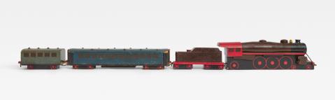 Lyonel Feininger - Lokomotive mit Tender und zwei Passagierwagons. Dazu: Vier Konstruktionszeichnungen