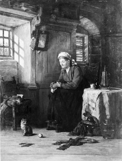 Carl Schlösser - INNEND. Alte Frau in ihrer Wohnstube einer Katze zusehend.