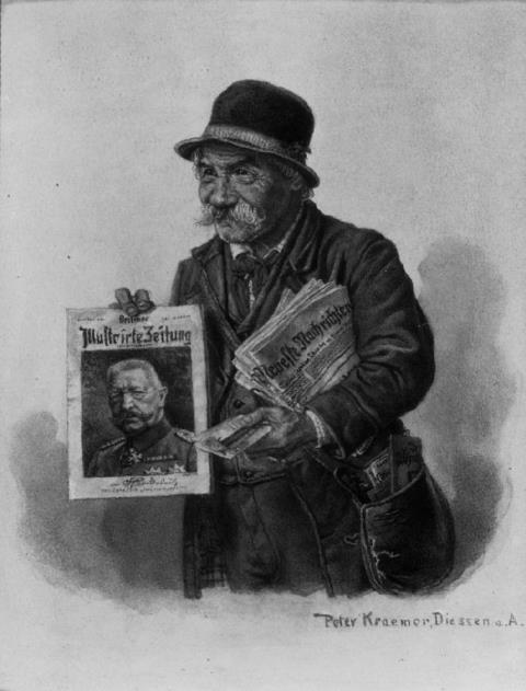 Peter Kraemer II - DER ZEITUNGSBOTE, die "Berliner Illustrierte Zeitung" mit dem Bildnis Hindenburgs haltend.