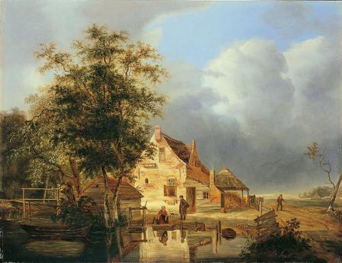 Pieter Hofman - LANDSCAPE WITH FARMHOUSE AND POND