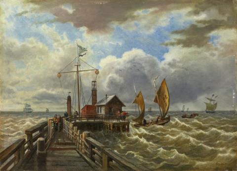 Carl von Hafften - MARINE WITH QUAY AND SHIPS IN A STORM